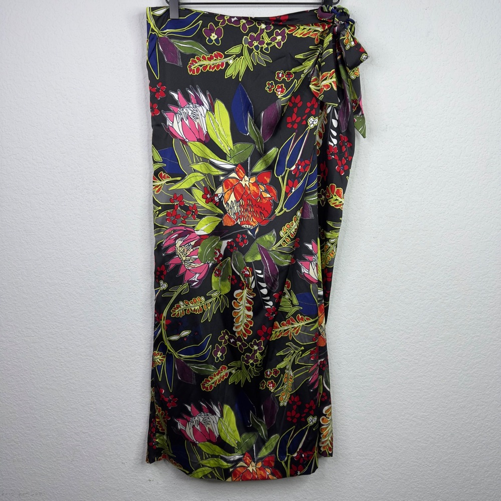 Chico's Wrap Skirt Womens 0/S Black Satin‎ Floral Tropical Resort Maximalist